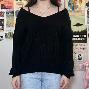 Black trendy knit off the shoulder scoop neck sweater